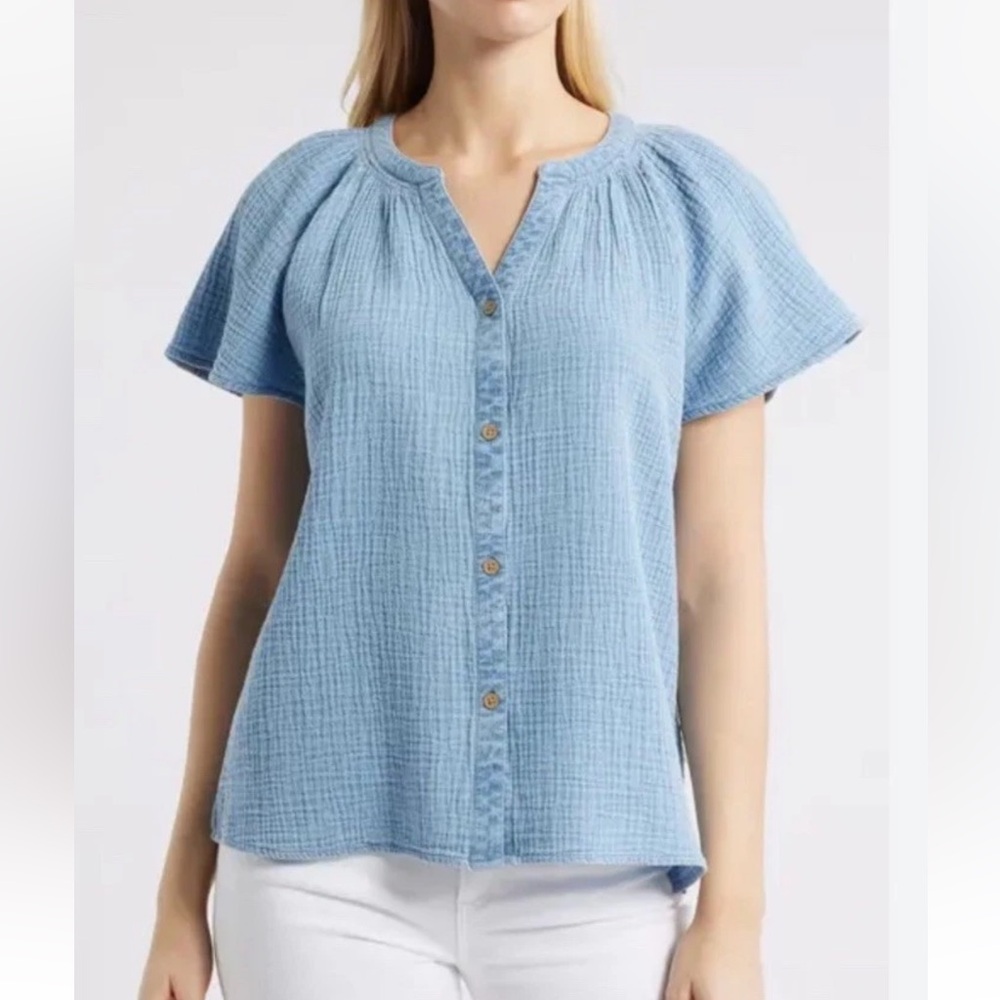 Beach Lunch Lounge Women's Blouse 1X Lark Button Down Textured Blue Cotton Gauze